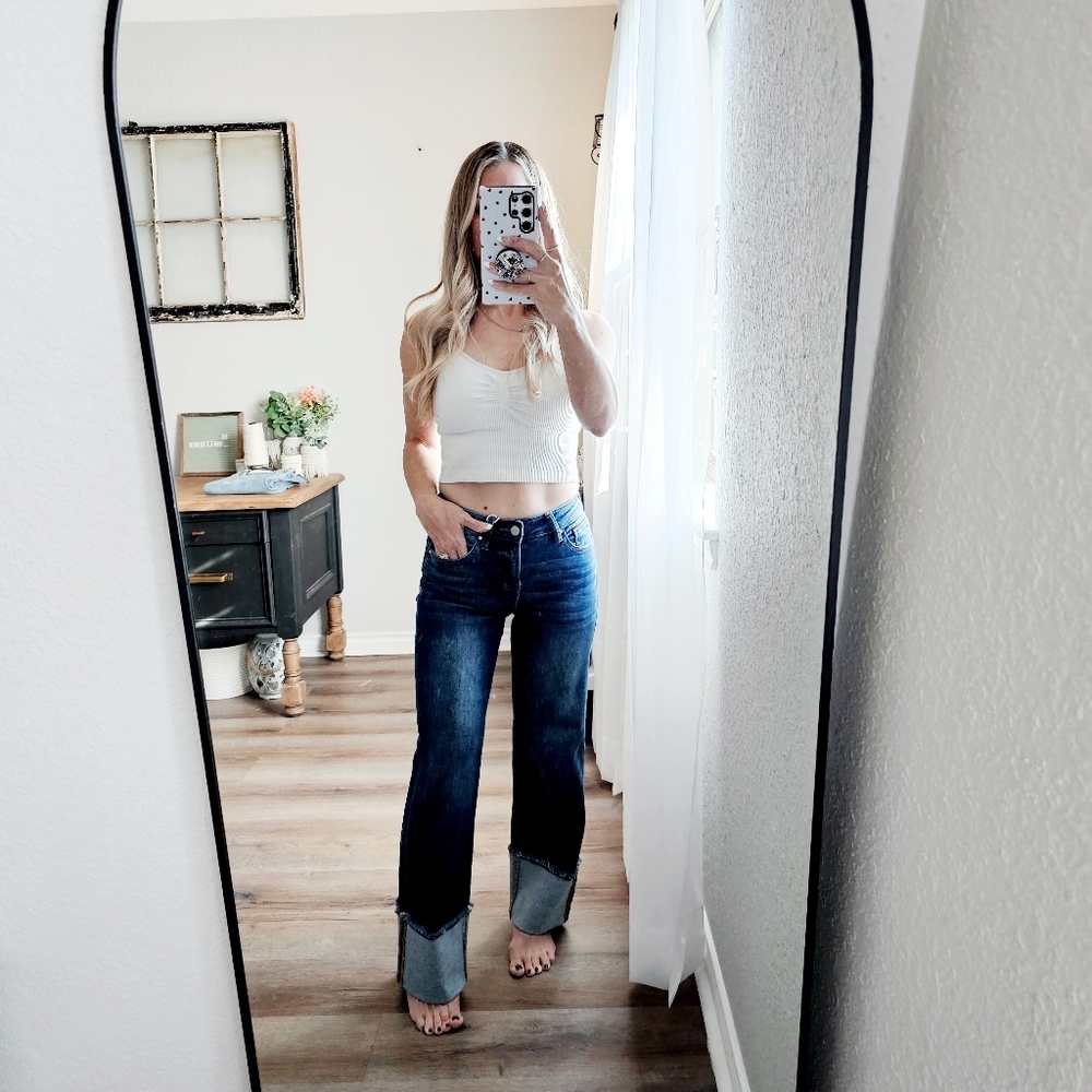 Risen Mid Rise Dark Wash Slim Wide Leg Wide Cuff Denim Jeans Stretch Various NEW - Picture 11 of 11